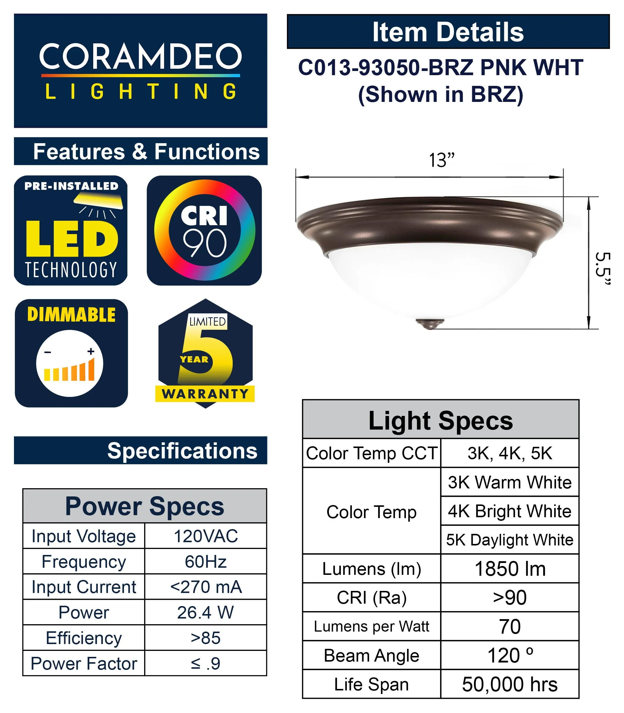 13 Inch Integrated LED Finial Ceiling Flush Mount Fixture, 1850 Lumen, 3K/4K/5K Switch, 90  CRI, in 3 Finishes