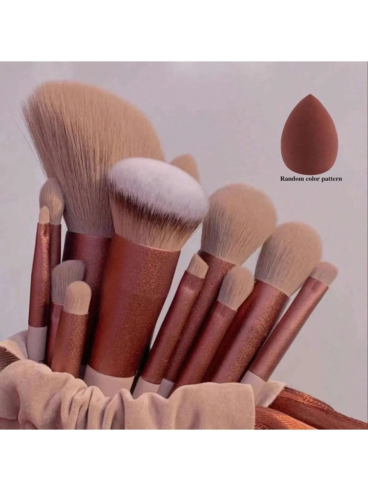 14pcs Makeup Brush Set, Including Coffee-Colored Powder Brush, Blush Brush, Contour Brush, Eye Shadow Brush, Sponge, Makeup Egg, Beginner Essential, Portable Storage Bag, Travel Makeup Tool