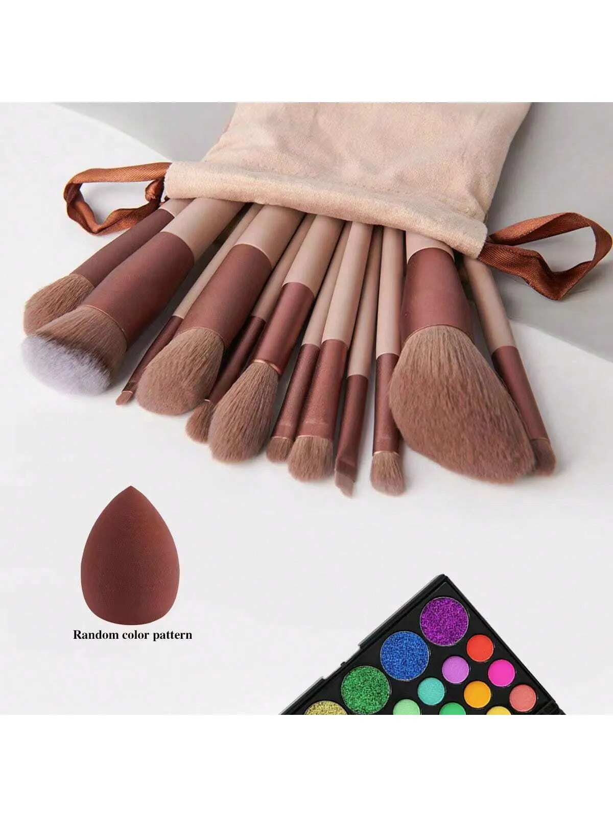 14pcs Makeup Brush Set, Including Coffee-Colored Powder Brush, Blush Brush, Contour Brush, Eye Shadow Brush, Sponge, Makeup Egg, Beginner Essential, Portable Storage Bag, Travel Makeup Tool