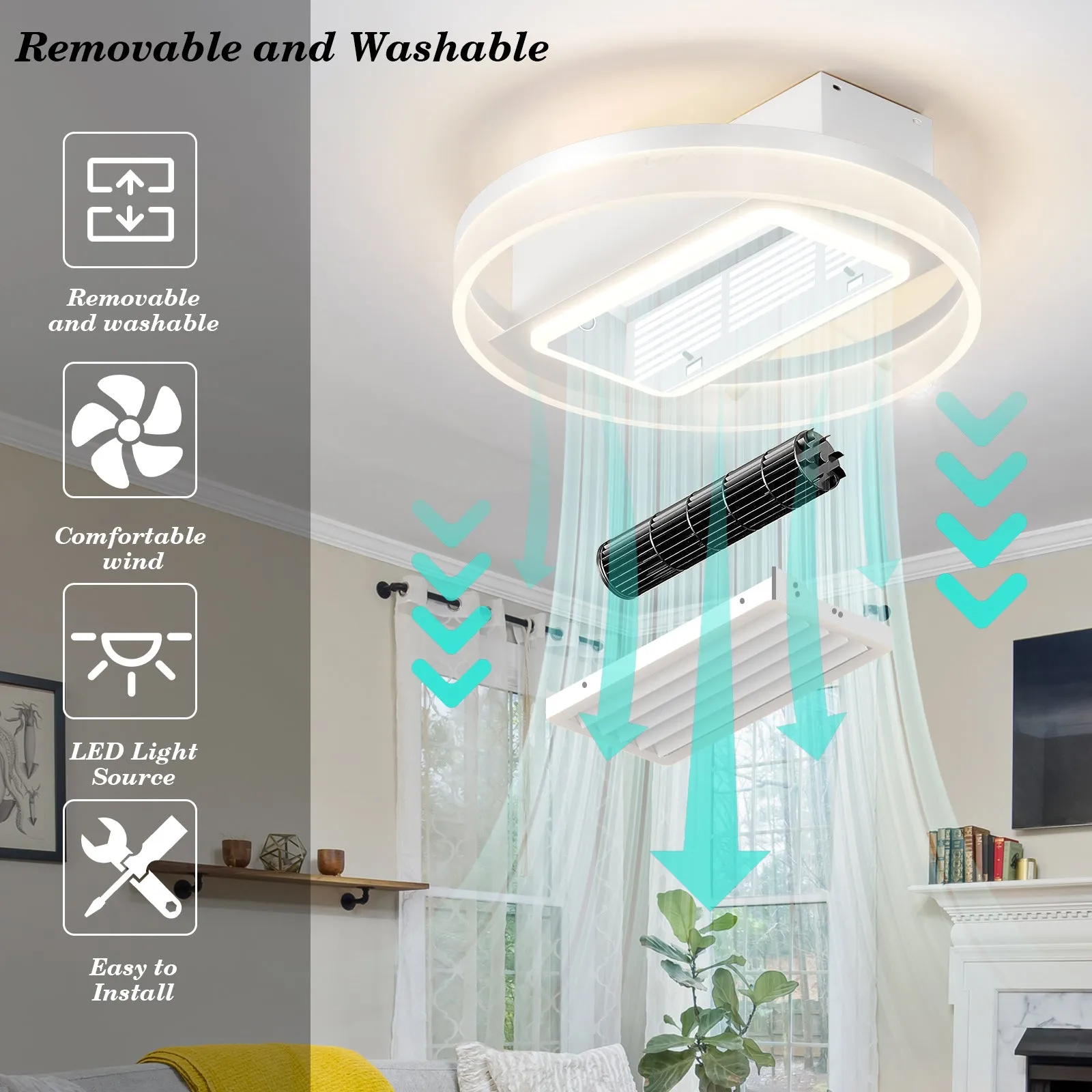 19.7" Dimmable LED Bladeless Fan Light White Simple Ceiling Light