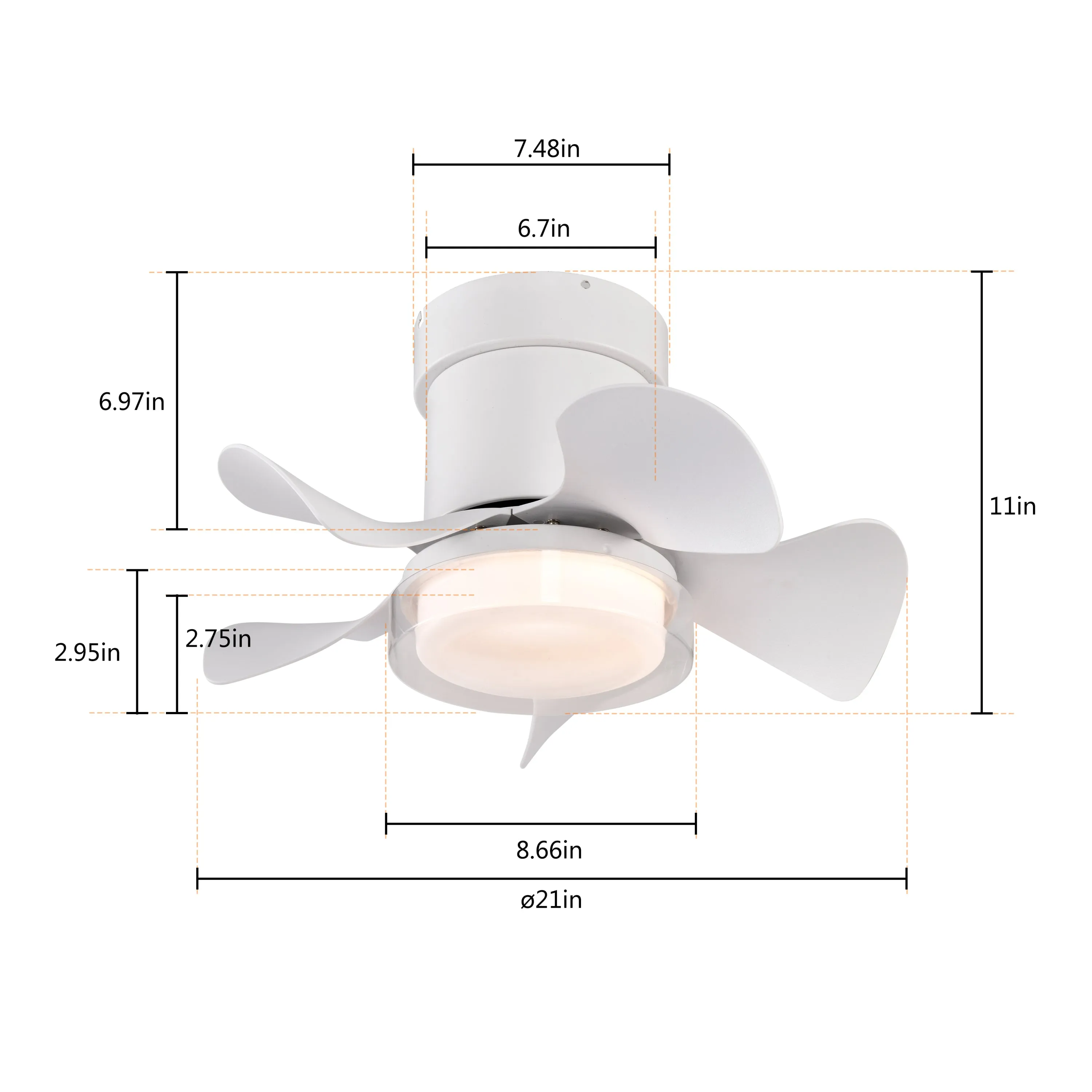 21" Matte White Recessed Ceiling Fan Light, Controllable Color Temperature Ceiling Fan Light, Remote Control Low Noise Ceiling Fan Light