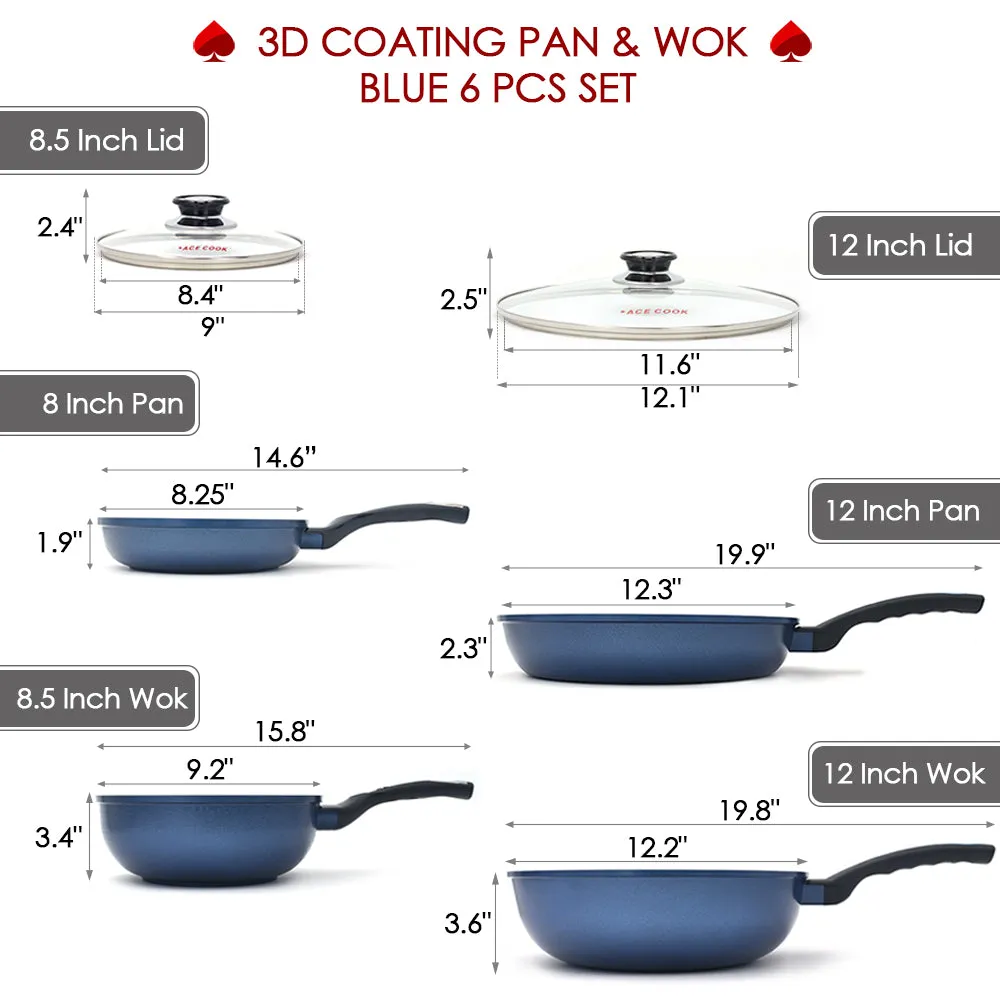 3D Coating Blue Frying Pans, Woks, and Lids 6 PCS Set