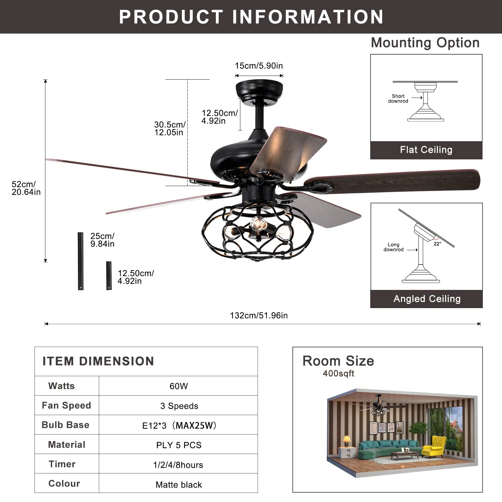 52" Cage Ceiling Fan Light Industrial Style Dark Wood Ceiling Fan