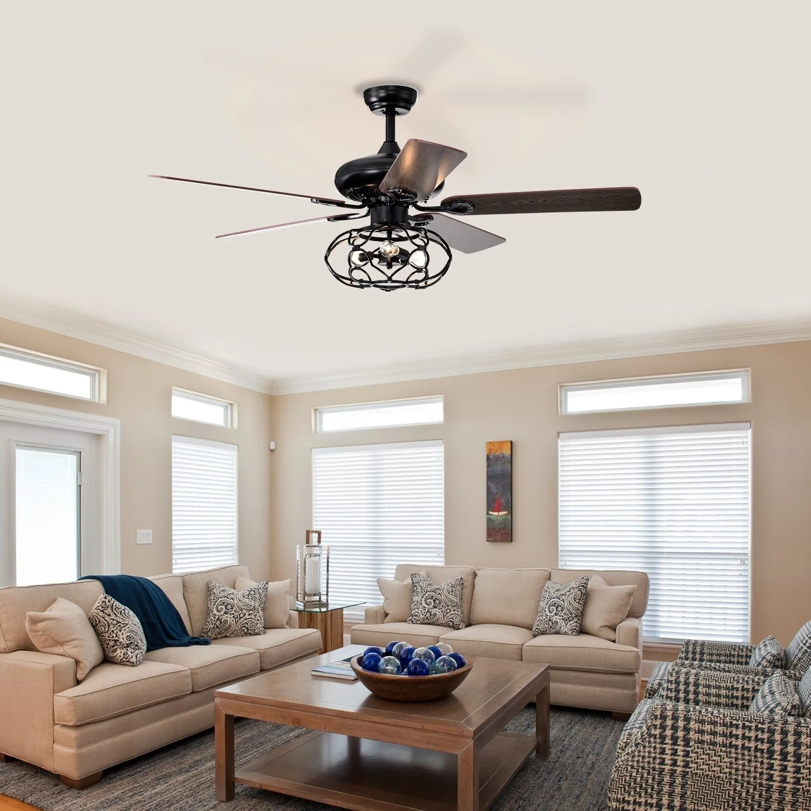 52" Cage Ceiling Fan Light Industrial Style Dark Wood Ceiling Fan