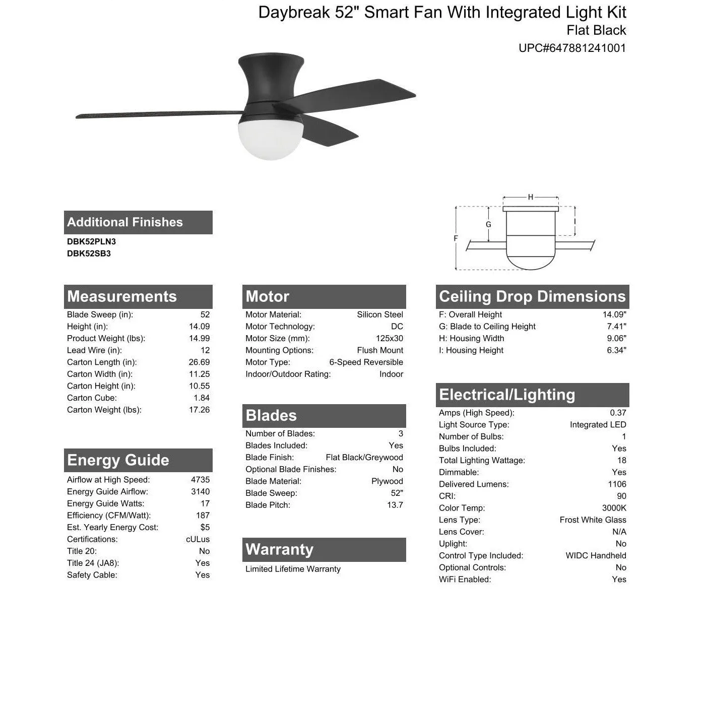 52" Daybreak in Flat Black w/ Flat Black/Greywood Blades