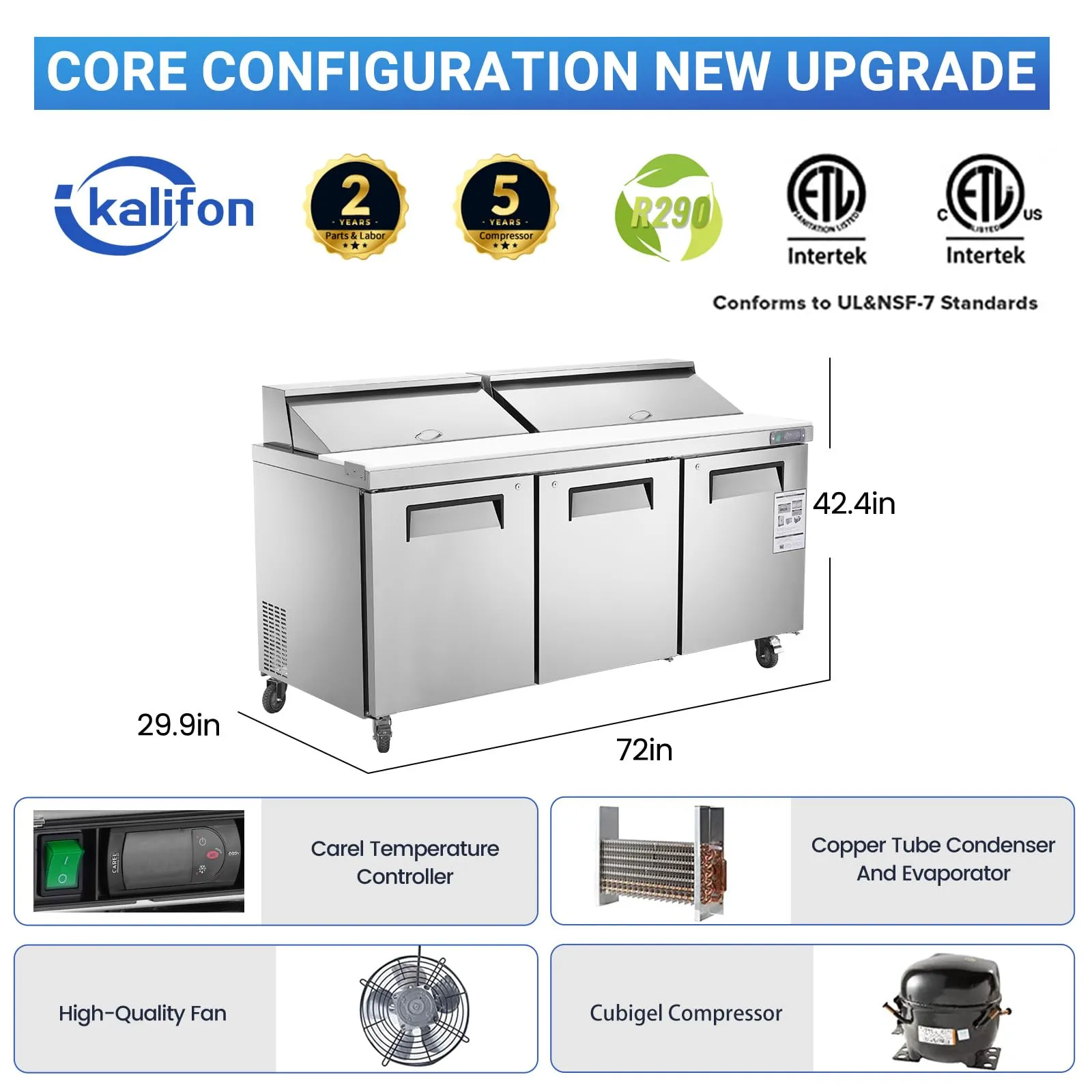 72" W 3 Door Refrigerator Sandwich Salad Prep Table Commercial Stainless Steel Fan Cooling Refrigerator with Cutting Board, 3 Shelves & 18 Pans for Restaurant, Bar, Shop-20 Cu.ft