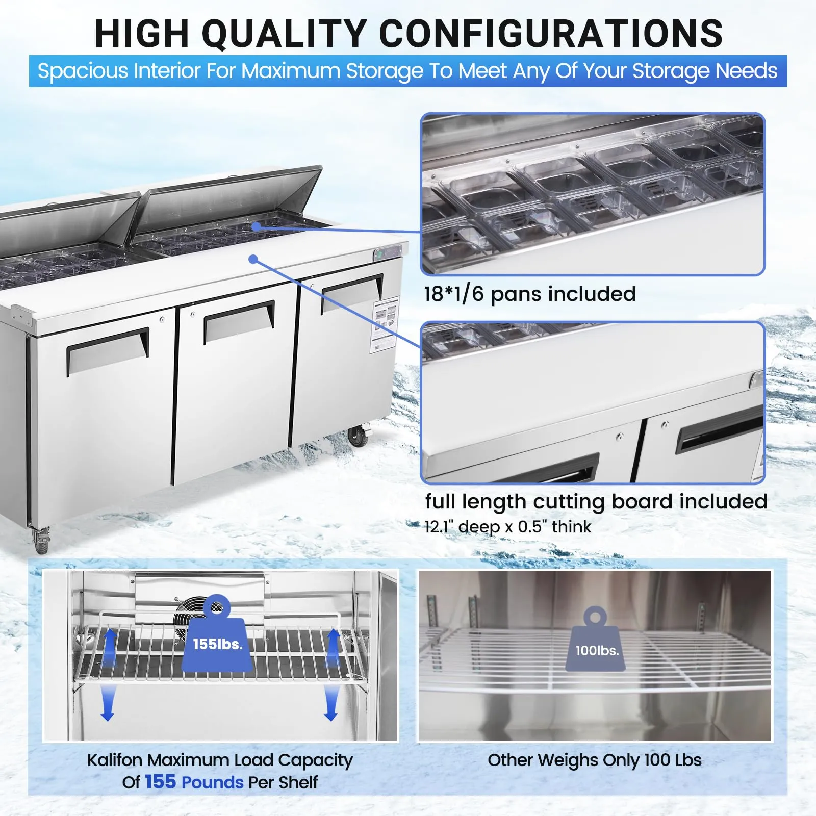 72" W 3 Door Refrigerator Sandwich Salad Prep Table Commercial Stainless Steel Fan Cooling Refrigerator with Cutting Board, 3 Shelves & 18 Pans for Restaurant, Bar, Shop-20 Cu.ft