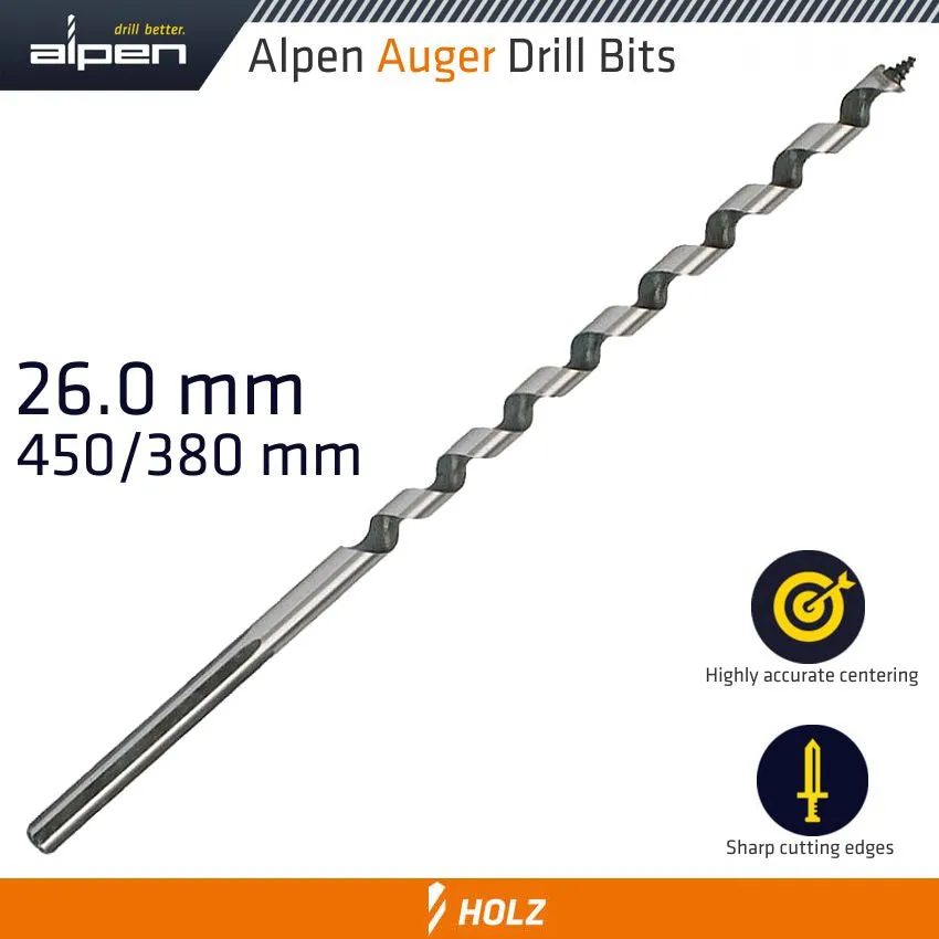 ALPEN WOOD AUGER DRILL BIT 26 X 450MM ALP22626