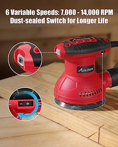 AVID POWER Orbital Sander 3.0 Amp 5 Inch Electric Sander Tool 6 Variable Speeds Random Orbit Sander for Woodworking, 7000-14000 RPM, 12 Pcs Sandpapers