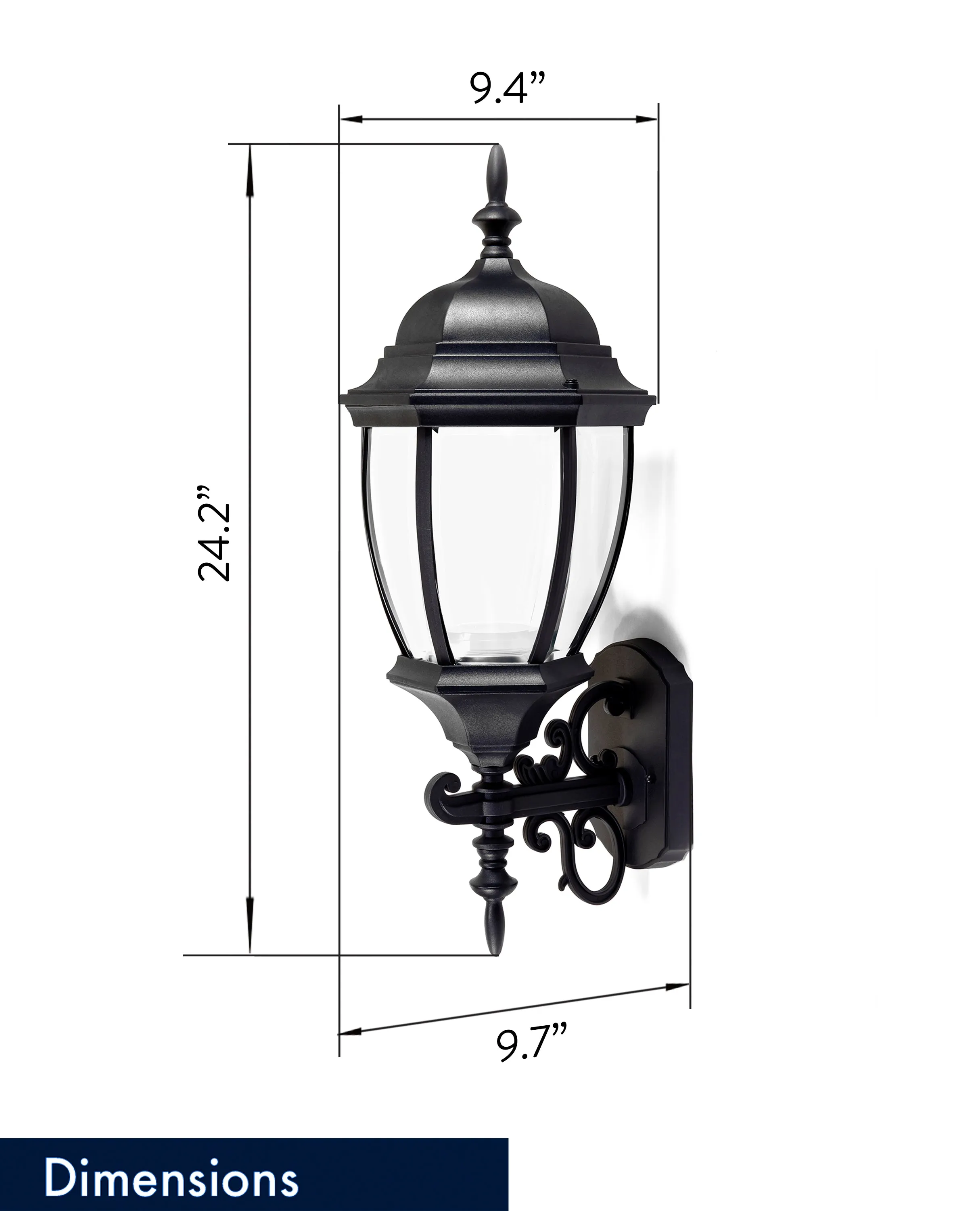 Bent Glass Integrated LED Wall Lantern with Optional Tail, 1000 Lumens, 3K, Wet Location, Black Finish with Clear Glass