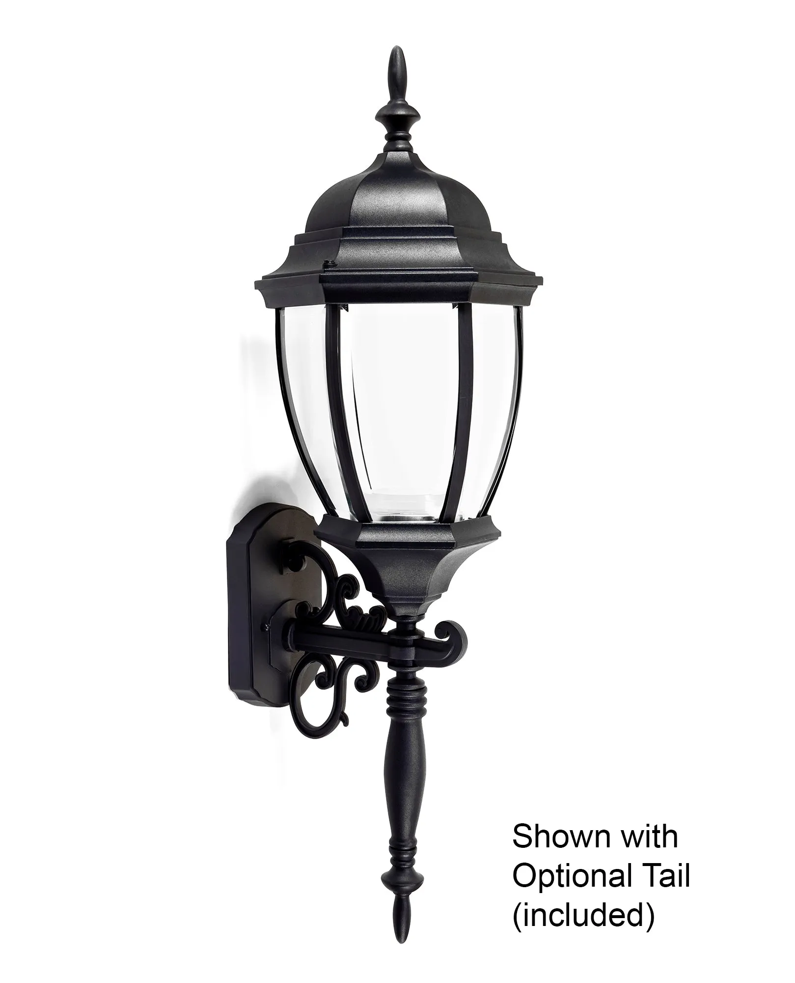 Bent Glass Integrated LED Wall Lantern with Optional Tail, 1000 Lumens, 3K, Wet Location, Black Finish with Clear Glass