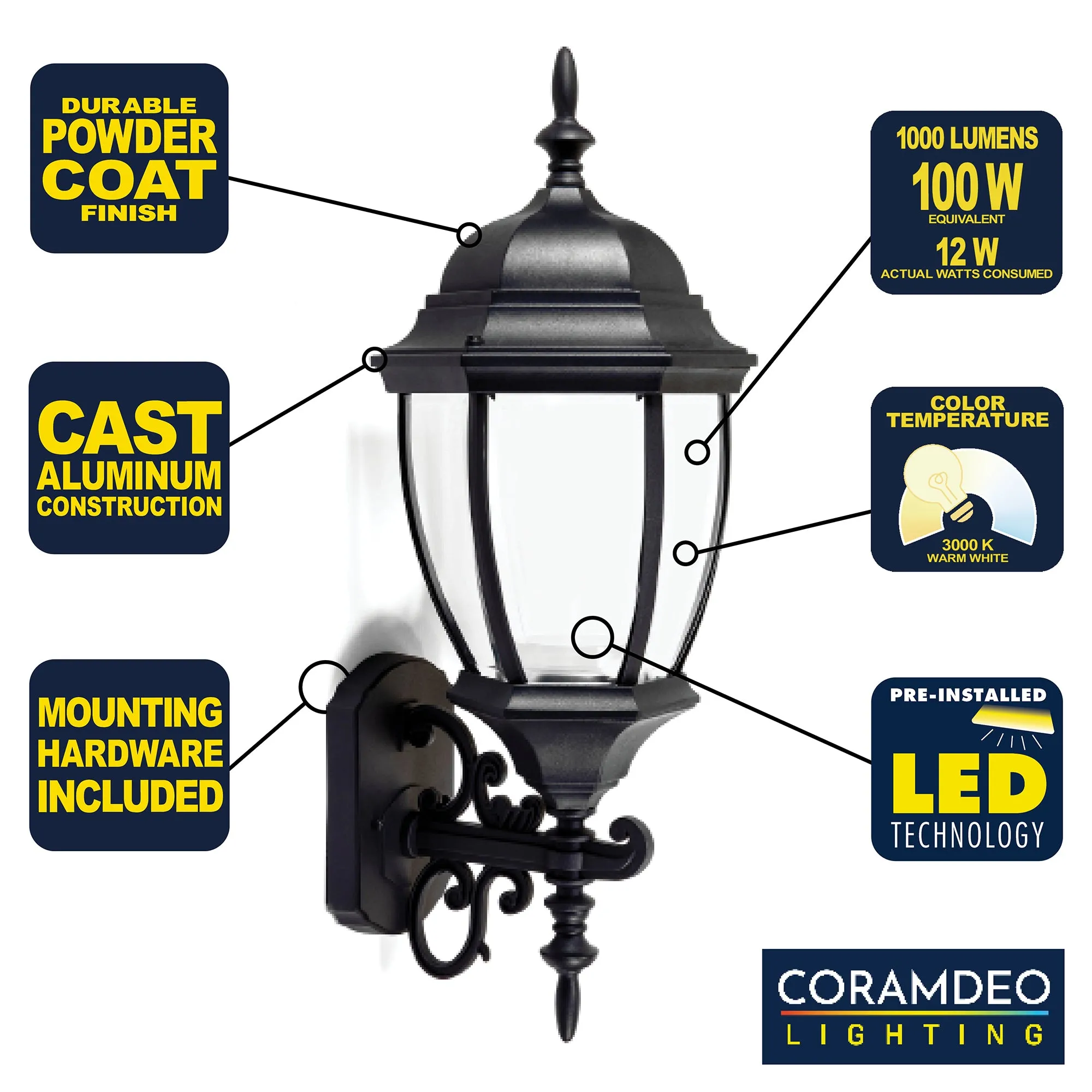 Bent Glass Integrated LED Wall Lantern with Optional Tail, 1000 Lumens, 3K, Wet Location, Black Finish with Clear Glass