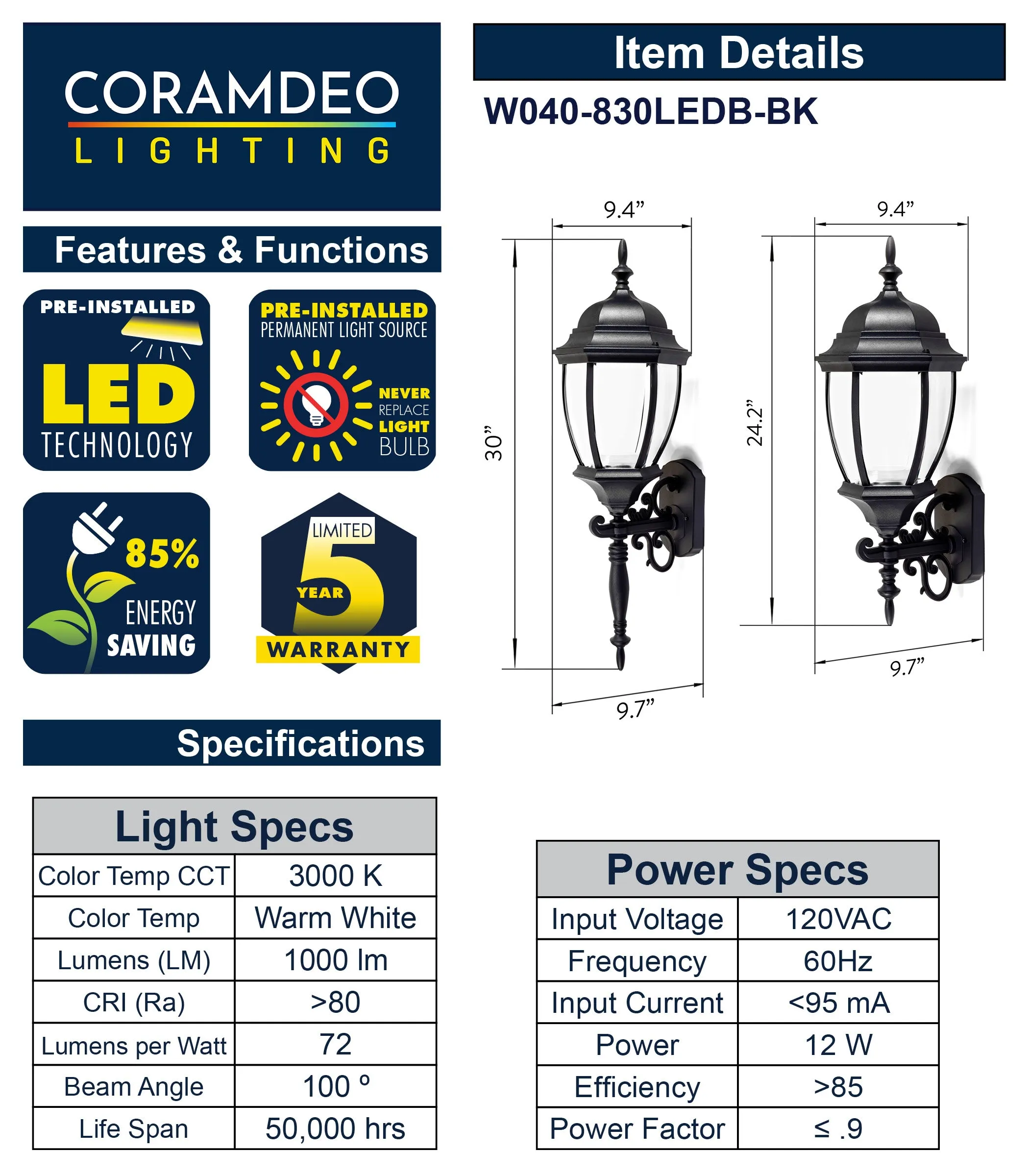 Bent Glass Integrated LED Wall Lantern with Optional Tail, 1000 Lumens, 3K, Wet Location, Black Finish with Clear Glass