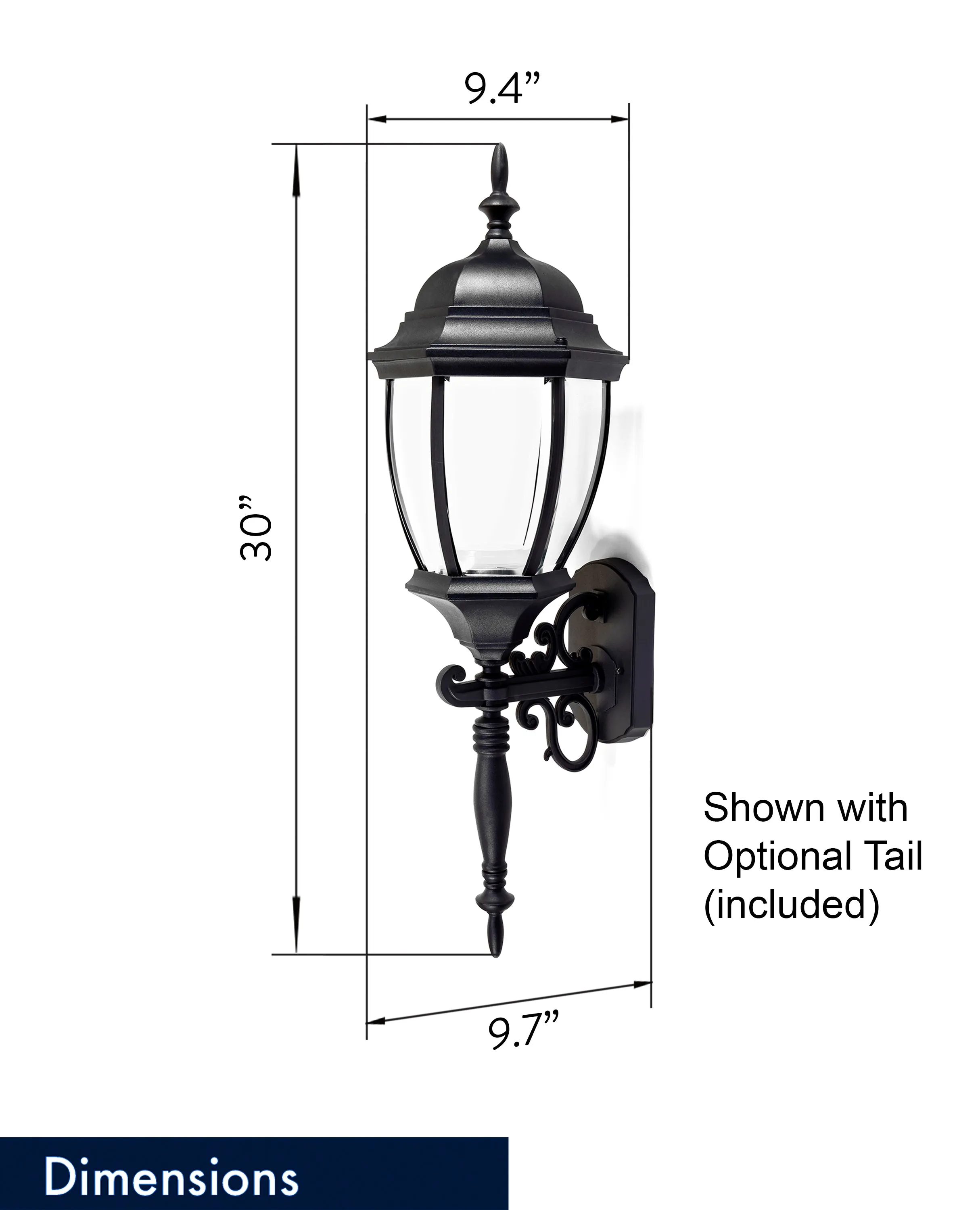 Bent Glass Integrated LED Wall Lantern with Optional Tail, 1000 Lumens, 3K, Wet Location, Black Finish with Clear Glass