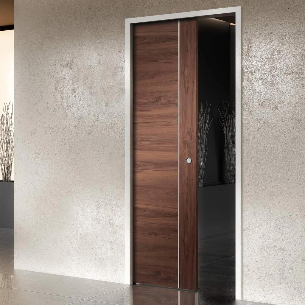 Bespoke Forli Walnut Flush Single Pocket Door - Aluminium Inlay - Prefinished