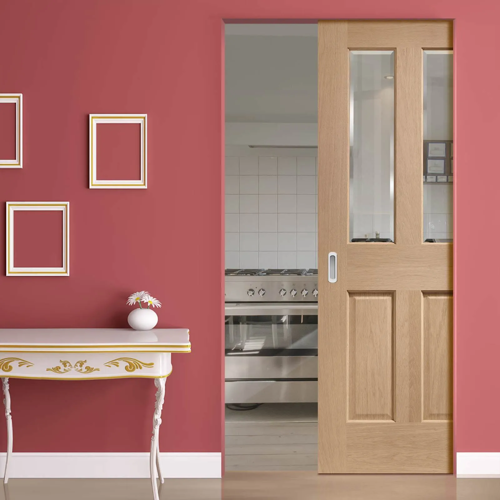 Bespoke Malton Oak Glazed Single Frameless Pocket Door - No Raised Mouldings