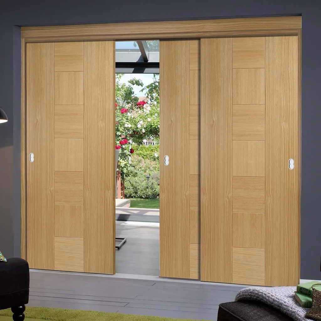 Bespoke Pass-Easi Catalonia Flush Oak Door - 3 Sliding Doors and Frame Kit - Prefinished