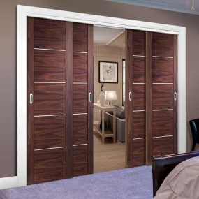 Bespoke Pass-Easi Portici Walnut Flush - 4 Sliding Doors and Frame Kit - Aluminium Inlay - Prefinished