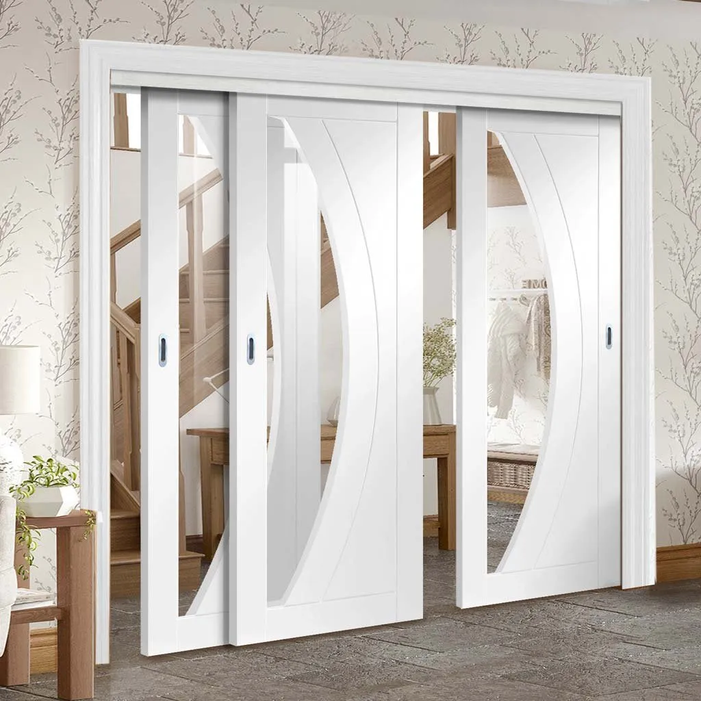 Bespoke Pass-Easi Salerno Glazed - Clear Glass - 3 Sliding Doors and Frame Kit - White Primed