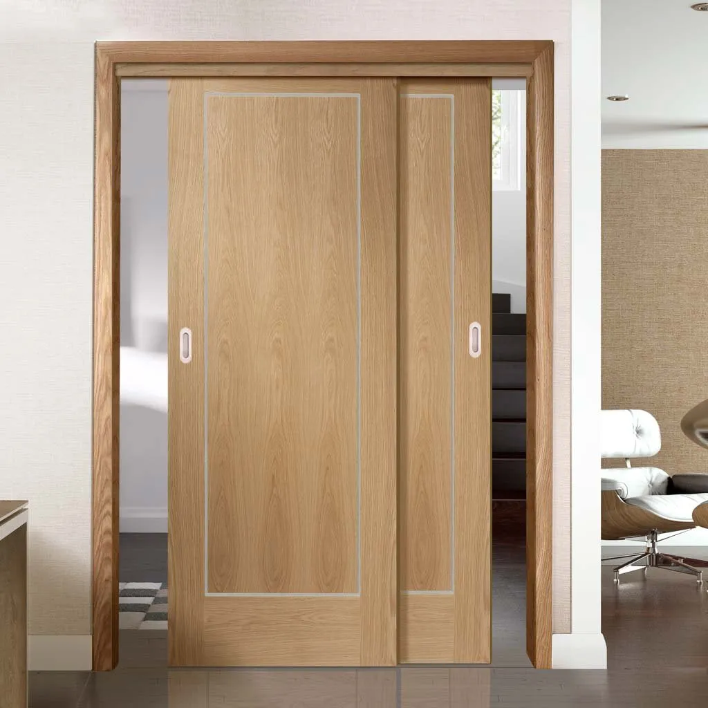 Bespoke Pass-Easi Varese Oak Flush - 2 Sliding Doors and Frame Kit - Aluminium Inlay - Prefinished