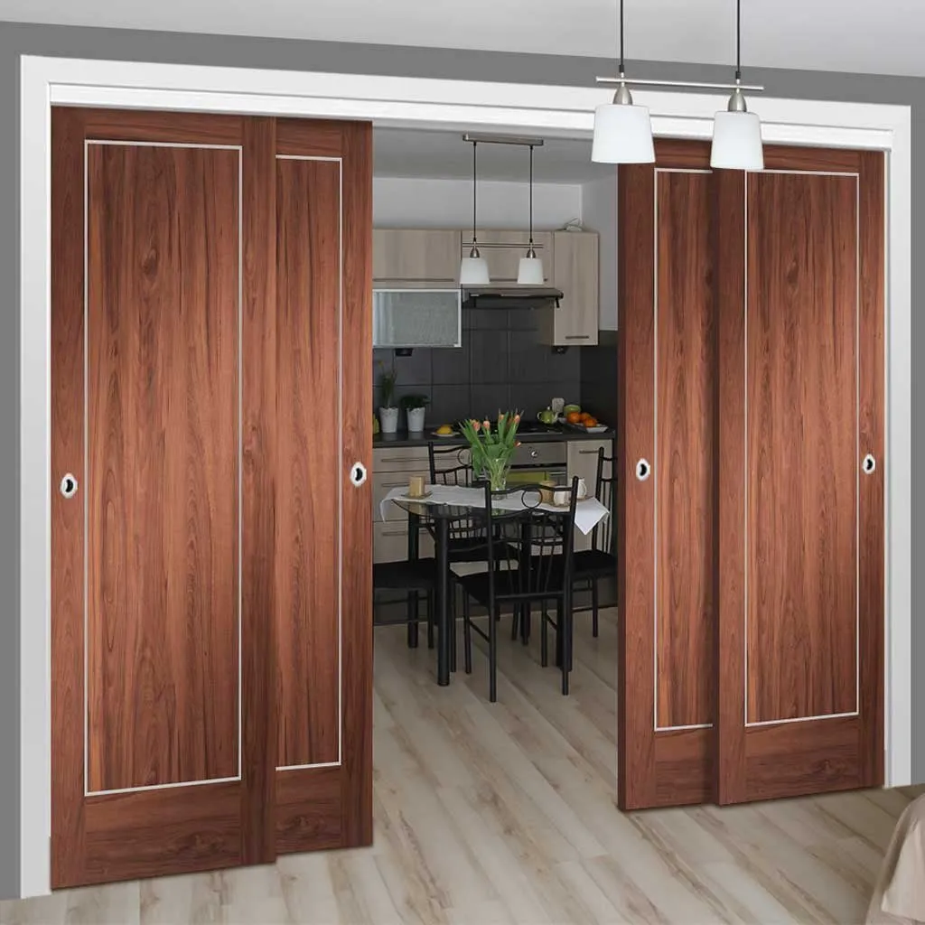 Bespoke Pass-Easi Varese Walnut Flush - 4 Sliding Doors and Frame Kit - Aluminium Inlay - Prefinished