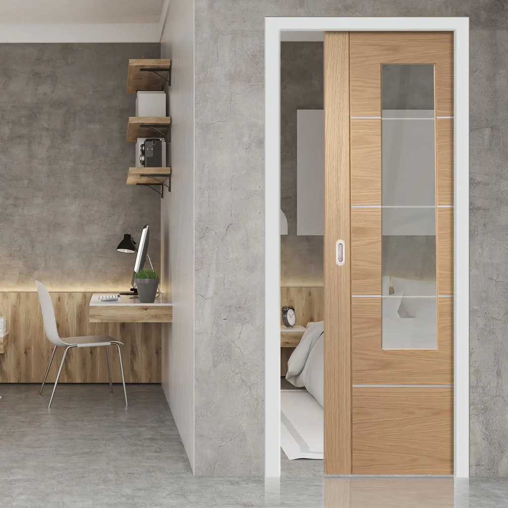 Bespoke Portici Oak Glazed Single Pocket Door - Aluminium Inlay - Prefinished