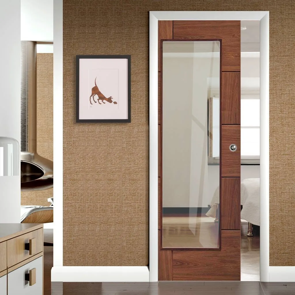 Bespoke Ravenna Walnut Glazed Single Pocket Door - Prefinished - Clear Glass