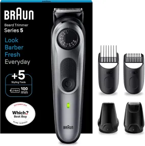 Braun Beard Trimmer Series 5, 40 Length Settings, Rechargeable & Waterproof, 100-Min Cordless Runtime, Hair Clipper for Men, BT5440, Silver/Black