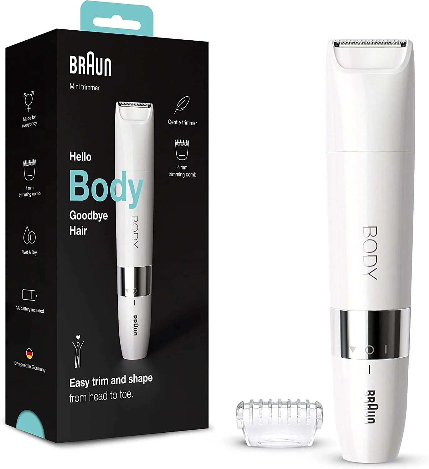 Braun Body Mini Trimmer, Gentle Body Hair Removal, Precision Trimmer, Wet & Dry, 100% Waterproof, BS1000, White