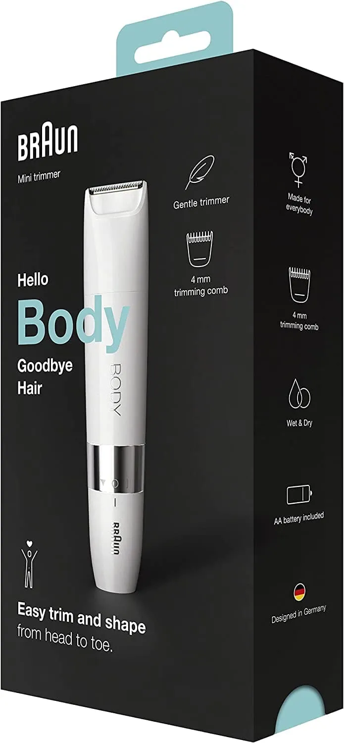 Braun Body Mini Trimmer, Gentle Body Hair Removal, Precision Trimmer, Wet & Dry, 100% Waterproof, BS1000, White