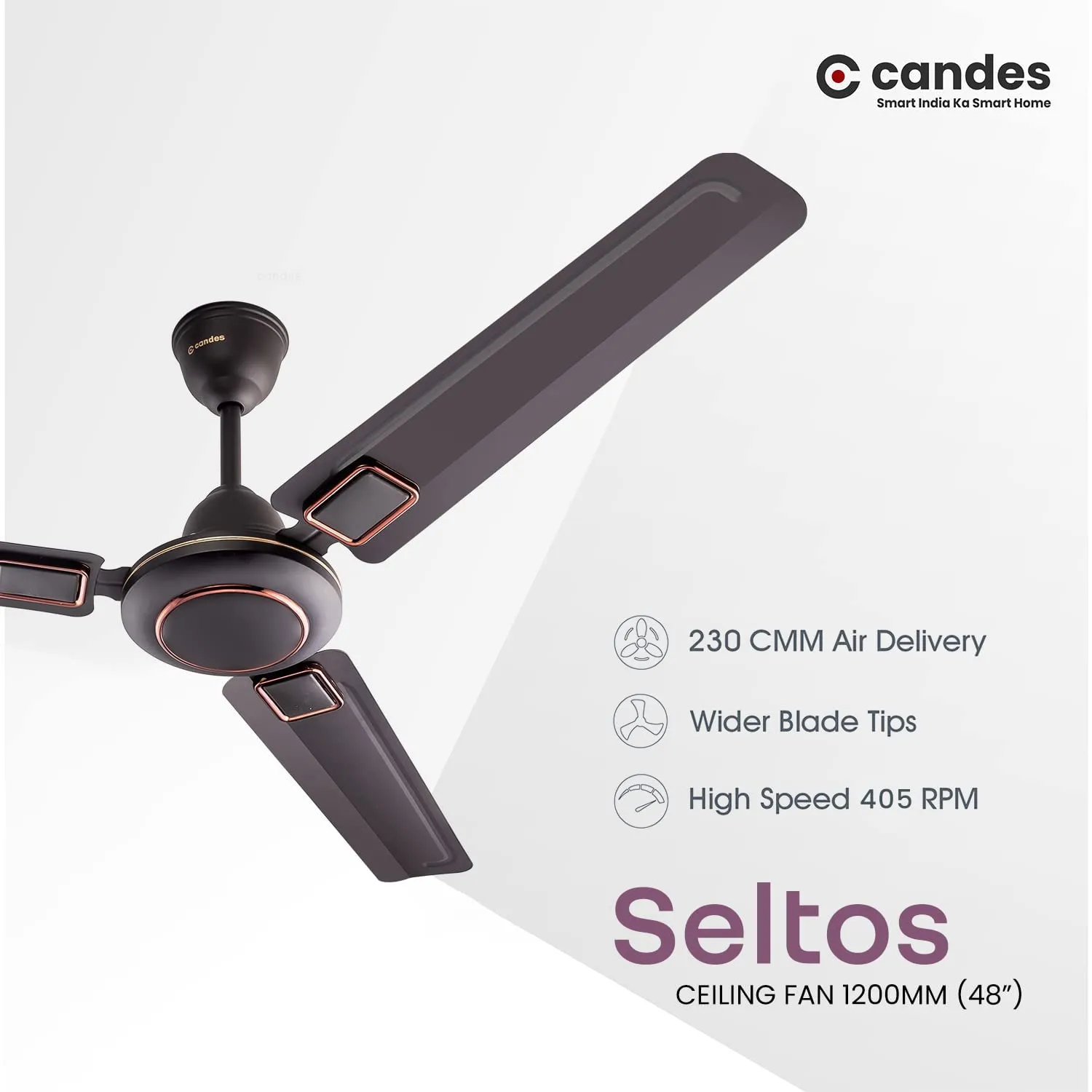 Candes Seltos Ceiling Fans for Home 1200mm / 48 inch | BEE 3 Star Rated, High Air Delivery, Noiseless & Energy Efficient | 1 1 Years Warranty | Coffee Brown