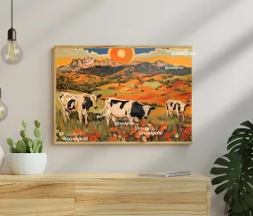 Cows in a Pasture - Sage Green Wall Art - Sage Green and Terracotta -  Boho Home Decor - Western Wall Art - Green and Orange Decor