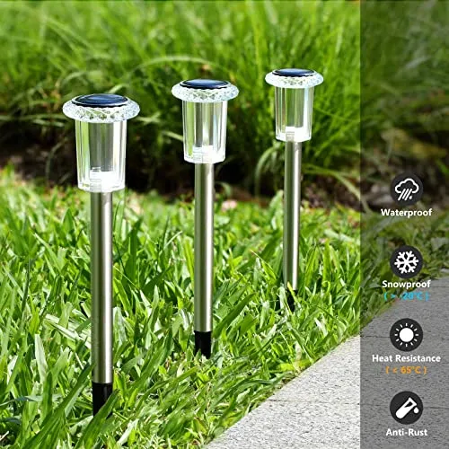 DenicMic Solar Pathway Lights Outdoor 10 Pack LED Waterproof Stainless Steel Garden Stake Lights for Path, Walkway, Driveway, Yard, Patio, Garden Decor (Cold White)