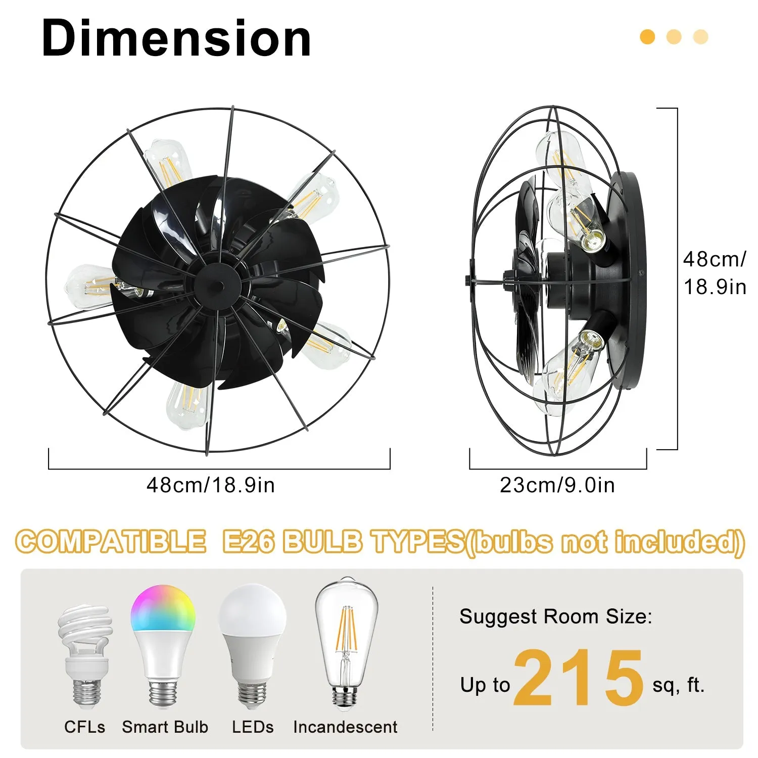 Depuley 19'' Close-to-Ceiling Fans Lights with Remote Control, Thickened Blades Semi-Enclosed Caged Design Ceiling Fan, Frosted Black Flush Mount Ceiling Fan for kitchen/Bedroom/Living Room/Farmhouse, Timer, Low Profile, 3-Level Wind Speed