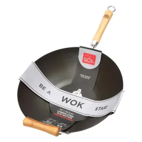 Dexam School of Wok Carbon Steel Flat Base Non-Stick Wok 405mm