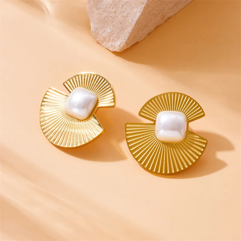 Fashion Fan-Shape Stainless Steel Electroplating Stud Earrings