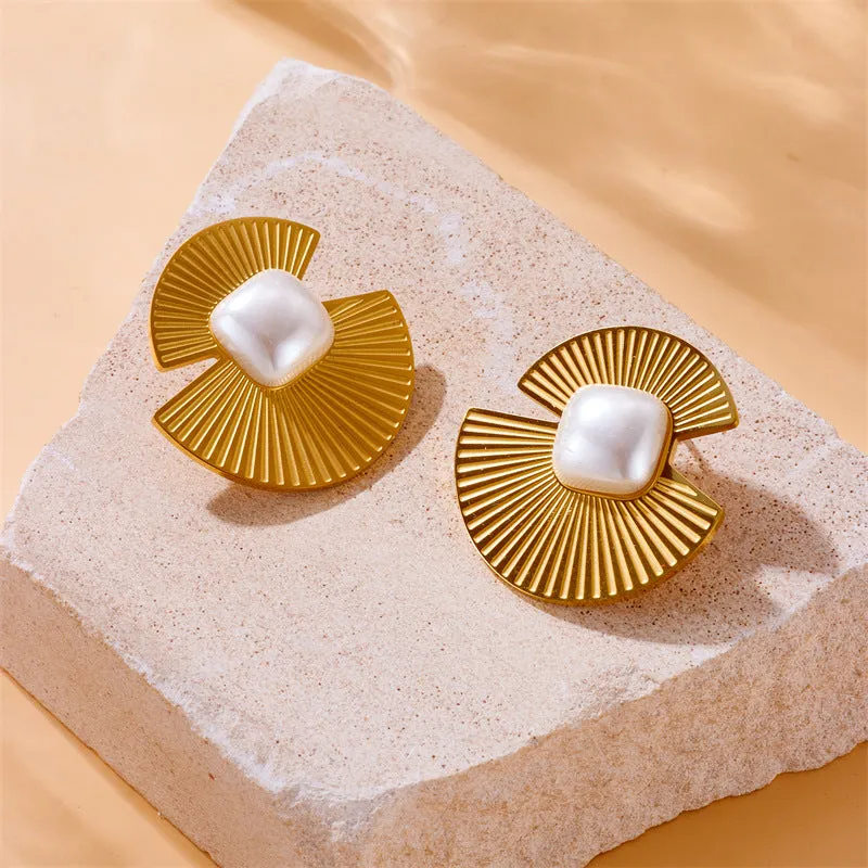 Fashion Fan-Shape Stainless Steel Electroplating Stud Earrings