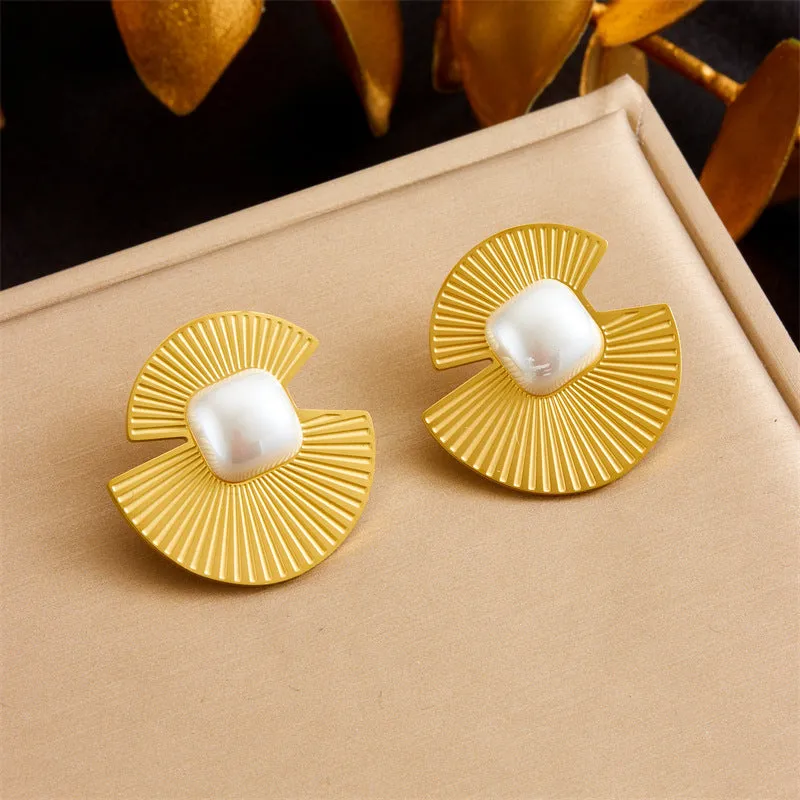 Fashion Fan-Shape Stainless Steel Electroplating Stud Earrings