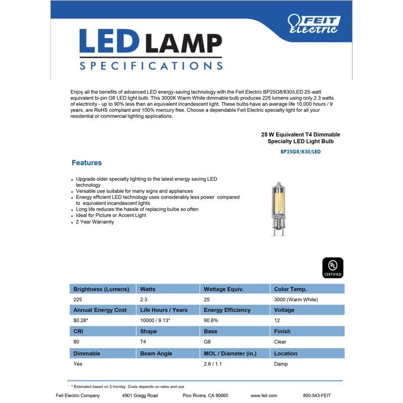 Feit LED Specialty T4 G8 LED Bulb Warm White 25 Watt Equivalence 1 pk