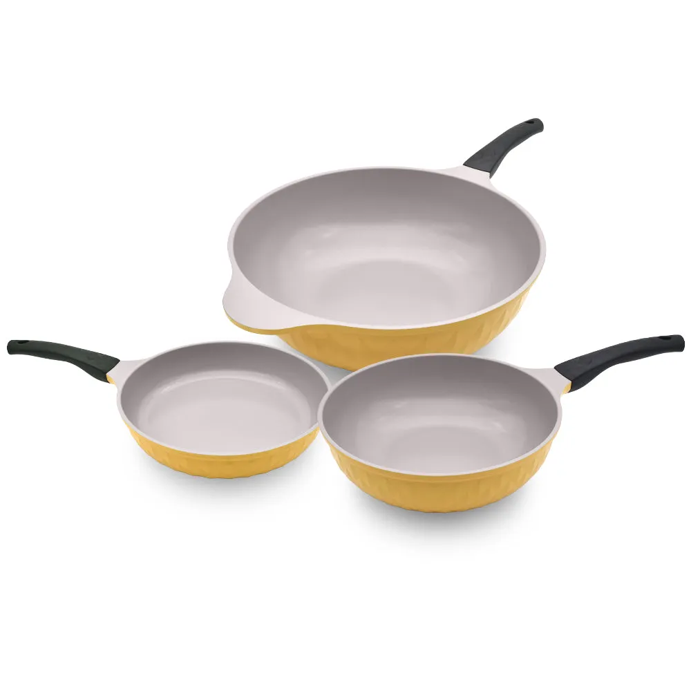 Golden Cream Healthy Nonstick Ceramic 3 Pcs Frying Pan & Woks Set