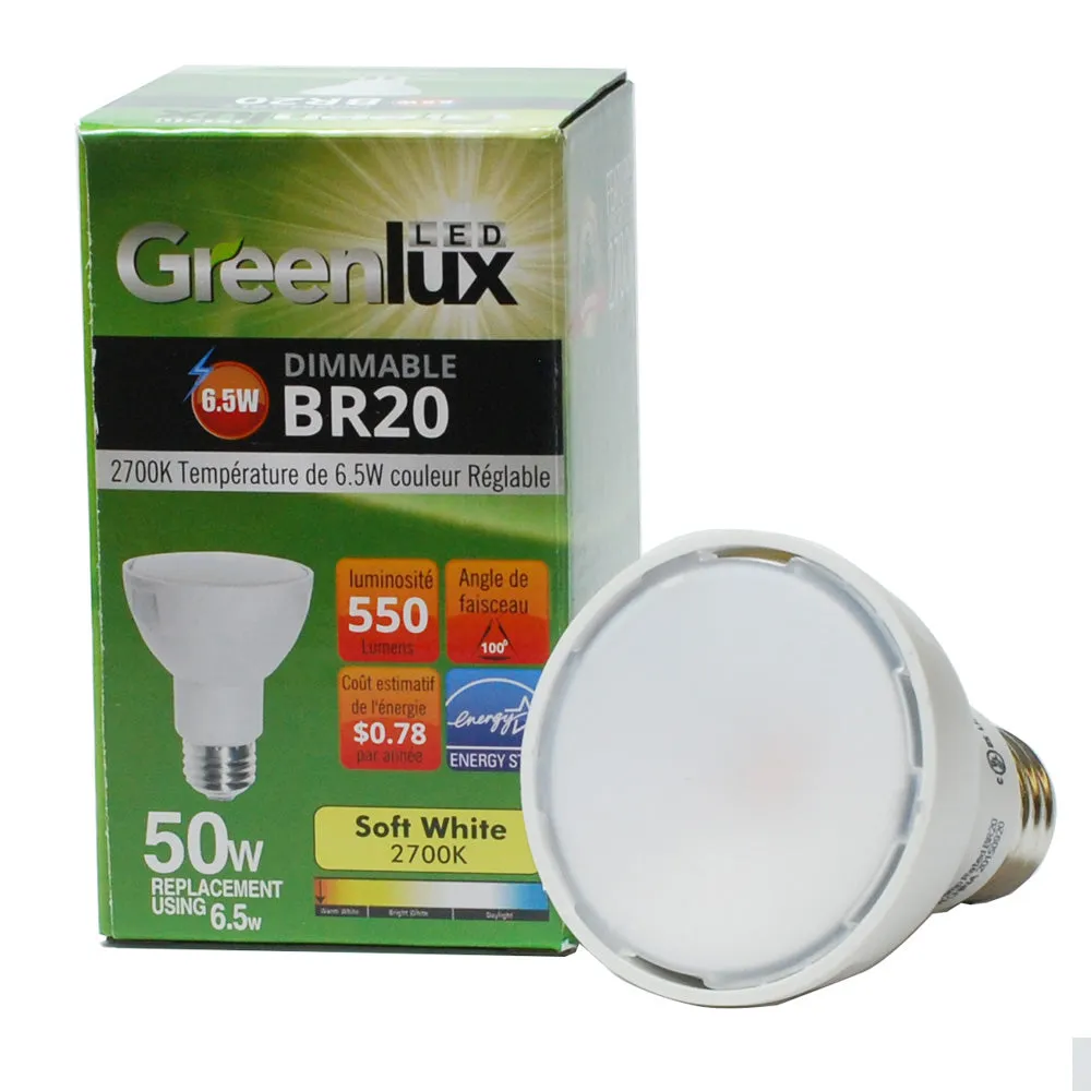 High Quality LED 6.5W BR20 2700K 550 Lumens Dimmable Soft White Bulb - 50w Equiv.