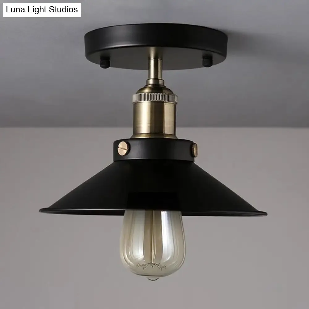 Industrial Black Flared Shade Semi Flush Ceiling Light with 1 Bulb - Corridor Flush Mount