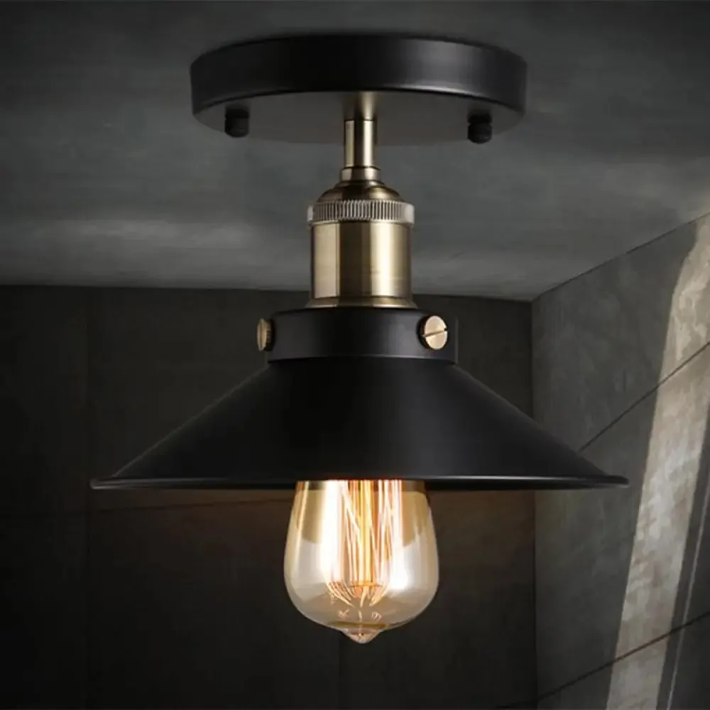 Industrial Black Flared Shade Semi Flush Ceiling Light with 1 Bulb - Corridor Flush Mount