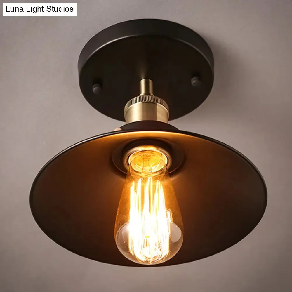 Industrial Black Flared Shade Semi Flush Ceiling Light with 1 Bulb - Corridor Flush Mount