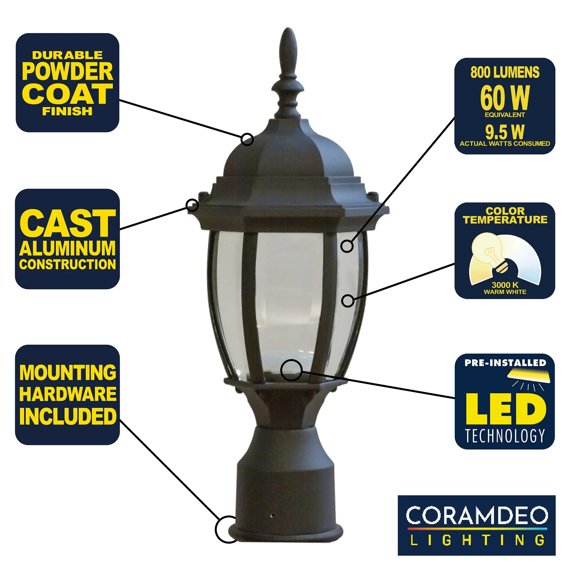 Integrated LED Curved Glass Post Lantern, 800 Lumens, 3K, Wet Location, Black Finish with Clear Glass