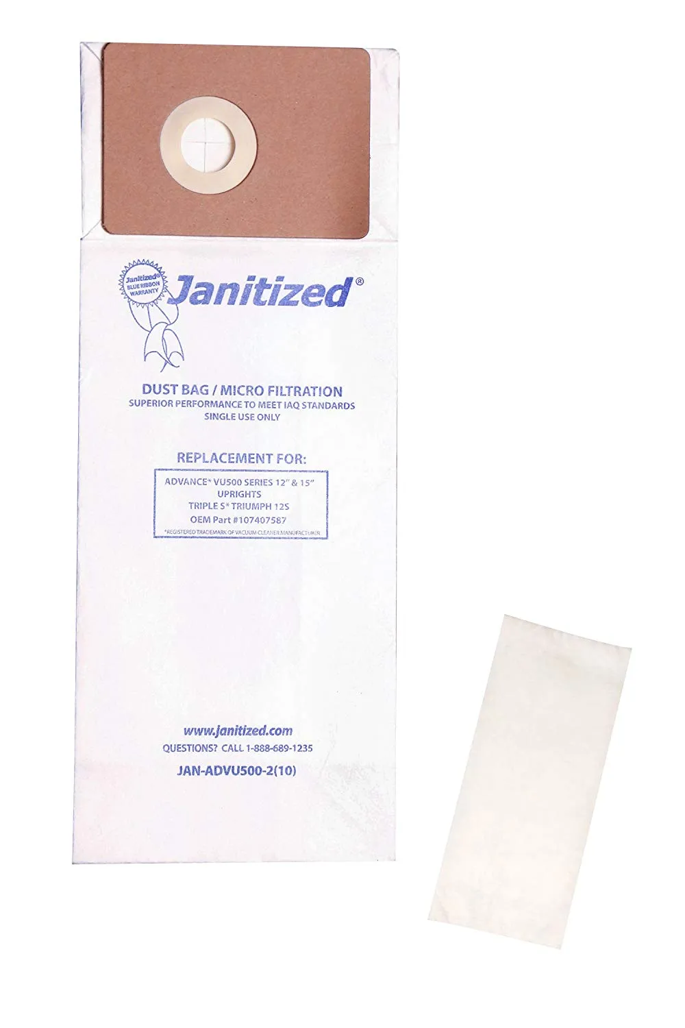 Janitized JAN-ADVU500-2(10) Premium Replacement Commercial Vacuum Paper Bag for Advance VU500 Vacuum Cleaners, OEM#107407587, 107404820 (Pack of 100)