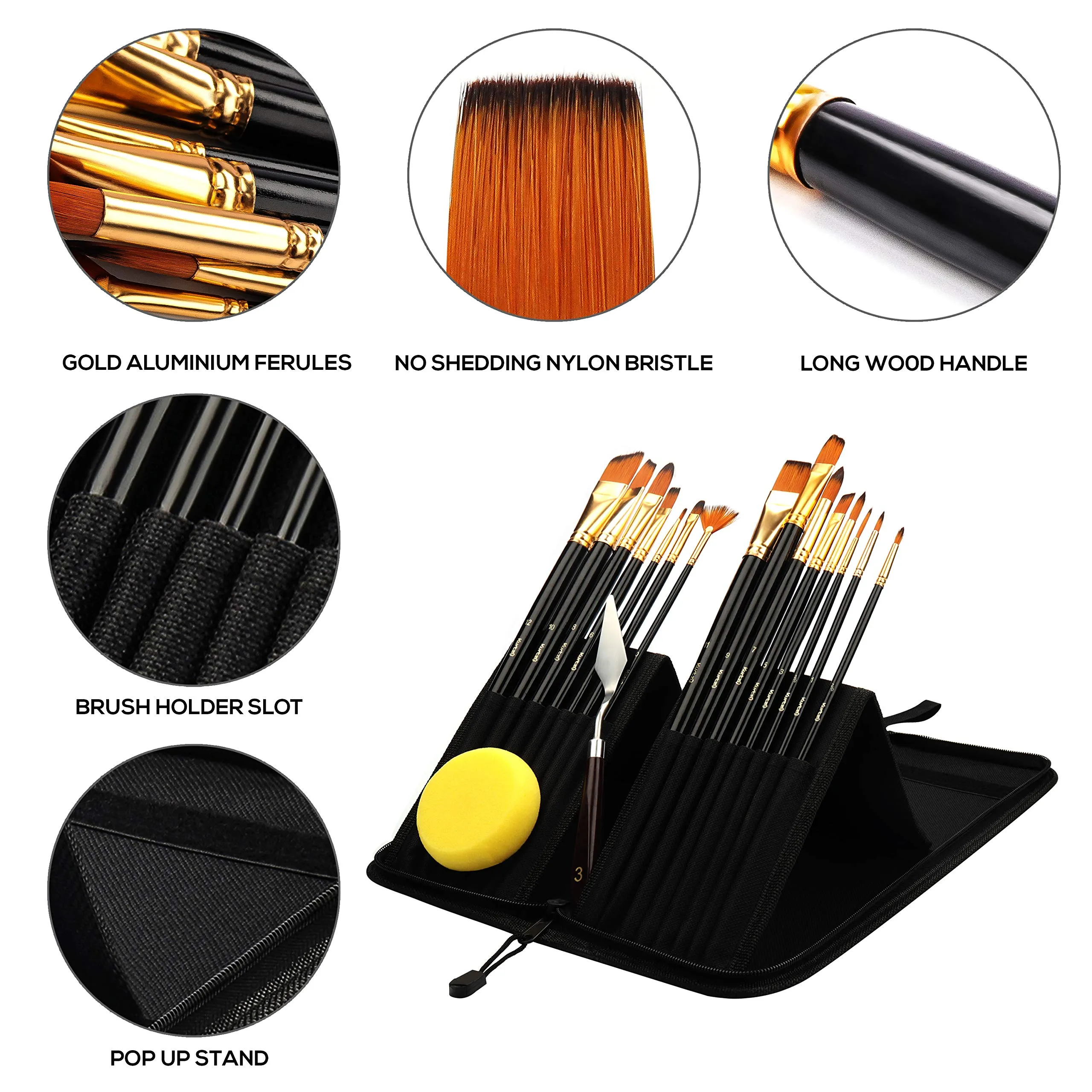 Kurtzy Nylon Soft Bristles Paint Brushes for Acrylics, Watercolour and Oil Painting with Classy Zip Case (Gold and Black)