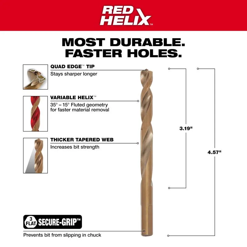 Milwaukee RED HELIX 11/32 in. X 4-7/8 in. L Cobalt Steel THUNDERBOLT Drill Bit 3-Flat Shank 1 pc