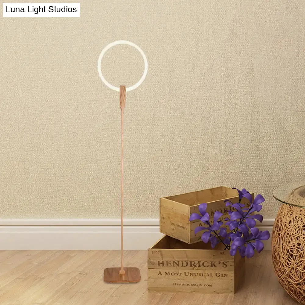 Modern Circle LED Floor Lamp - Wood Stand Up Light for Study Room in Beige