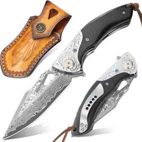 Nedfoss Griffin Damascus Pocket Knife, 3.5" VG10 Damascus Steel Blade and Sandalwood Handle, Comes with Retro Leather Sheath